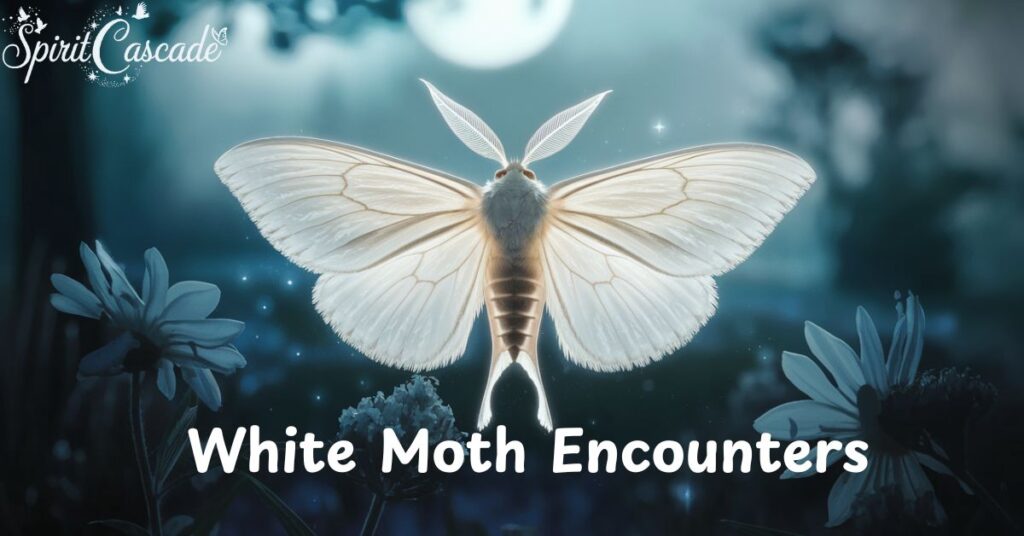 White moth in flight at night, symbolizing spiritual messages, transformation, and guidance from the unseen.